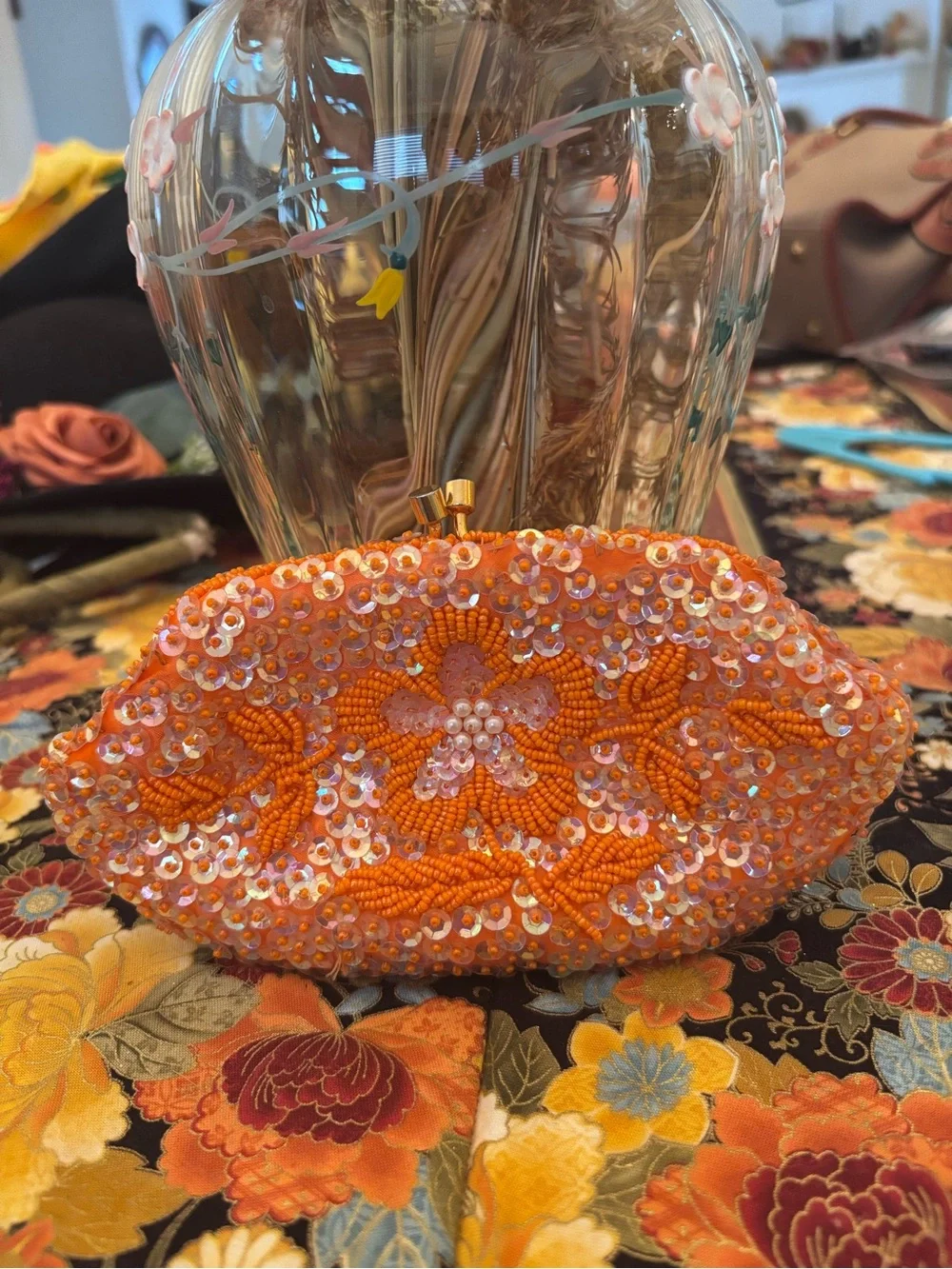 Vintage Showgirl Sequin Coin Purse 1960’s Orange By Jordan Marsh Co.